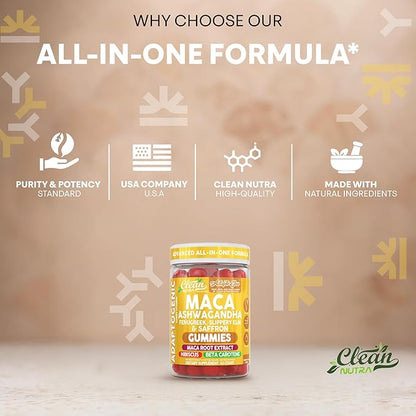Clean Nutra Maca Root Gummies Ashwagandha Fenugreek Slippery Elm Saffron Hibiscus Beta Carotene Vitamin A for Women Macaroot Extract 60 Gummies Vegan Adaptogen Supplement Gummy Non GMO