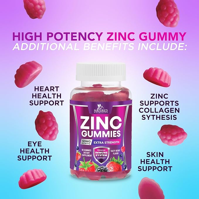 Zinc Gummies - 50mg Zinc Per Serving Immune Skin & Bone Support Health Gummy - Premium Antioxidant Chewable, High Absorption Vegan, Best Supplements Vitamin for Adults, Tasty Berry Flavor, 60 Gummies