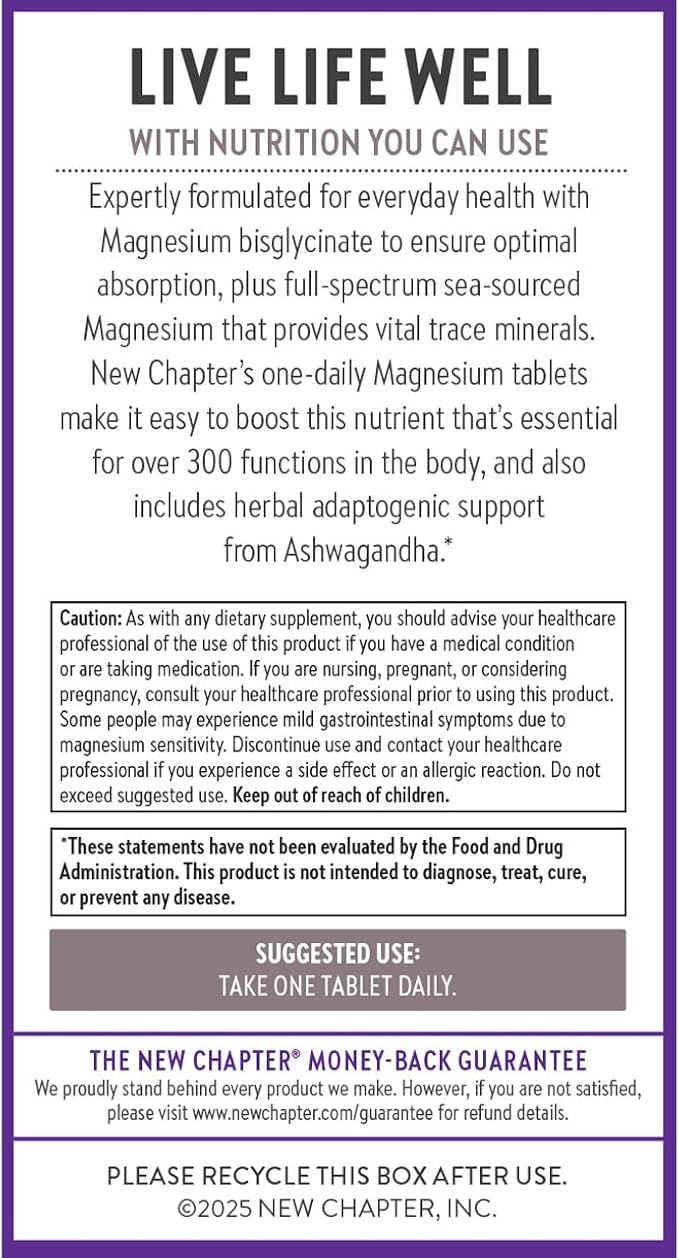 New Chapter Magnesium + Ashwagandha Supplement, 325 mg with Magnesium Glycinate for Muscle Relaxation & Recovery, Heart, Nerve & Bone Health, 2.5X Absorption, Non-GMO - 30 ct (1 Month Supply)