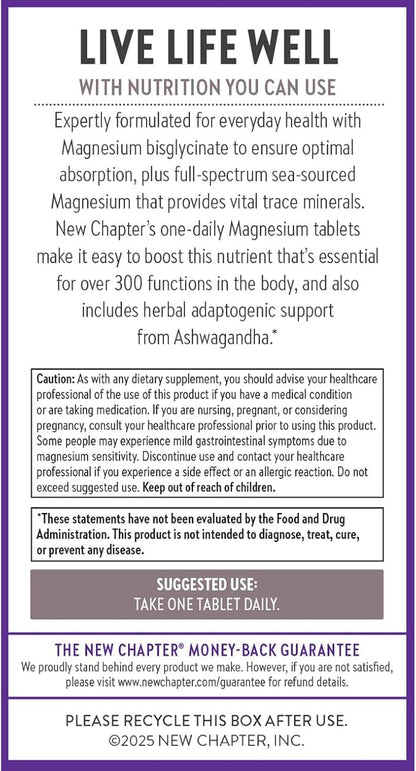 New Chapter Magnesium + Ashwagandha Supplement, 325 mg with Magnesium Glycinate for Muscle Relaxation & Recovery, Heart, Nerve & Bone Health, 2.5X Absorption, Non-GMO - 30 ct (1 Month Supply)