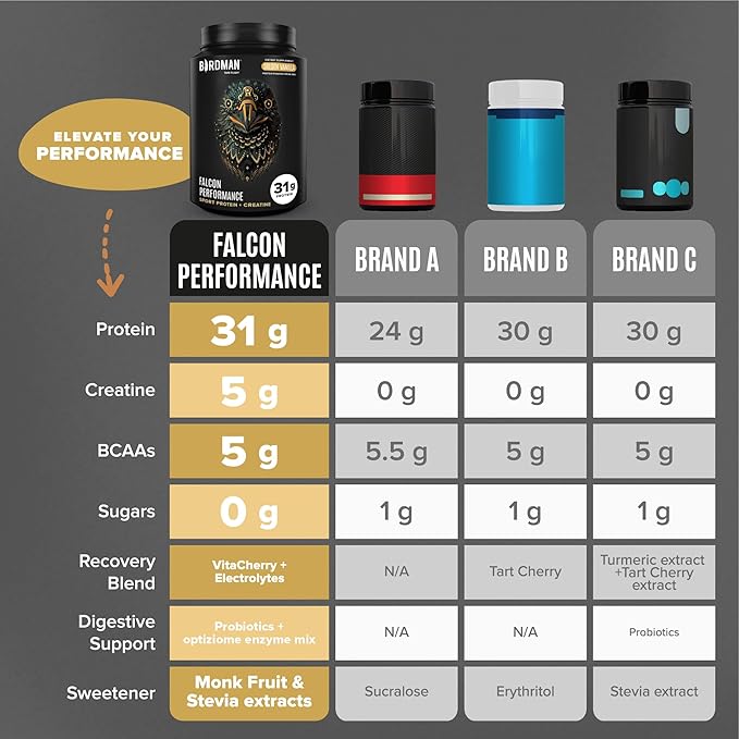 BIRDMAN Falcon Performance Vegan Protein Powder, 31g Protein, 5g Creatine, 5g BCAA, Probiotics, Electrolytes, Pre Workout, Low Carb, Sugar Free & Dairy Free, Plant Based Vanilla Protein - 49 Servings