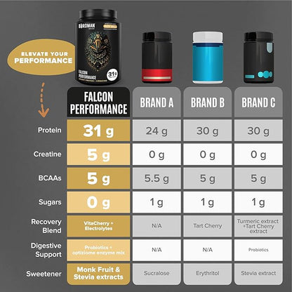 BIRDMAN Falcon Performance Vegan Protein Powder, 31g Protein, 5g Creatine, 5g BCAA, Probiotics, Electrolytes, Pre Workout, Low Carb, Sugar Free & Dairy Free, Plant Based Vanilla Protein - 49 Servings