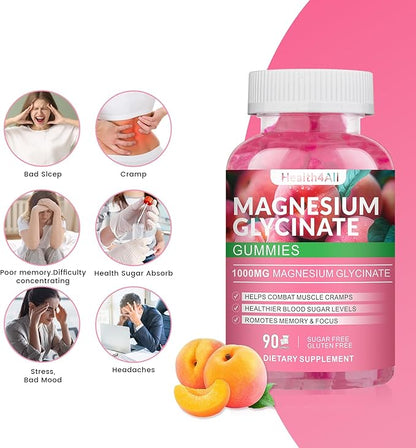 Magnesium Glycinate Gummies 1000mg, High Absorption Sugar Free Magnesium Potassium Supplement for Relaxation, Stress Relief, and Sleep Support for Adults & Kids - 90 Peach Gummies