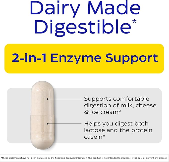 Enzymedica DairyAssist, 2-in-1 Digestive Enzymes for Dairy, Lactose and Casein Digestion, Fast-Acting Formula for Gas and Bloating Relief, 30 Capsules