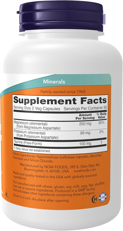 NOW Foods Supplements, Magnesium & Potassium Aspartate with Taurine, Heart Health*, 120 Veg Capsules
