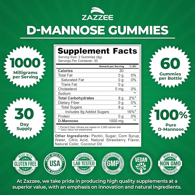 Zazzee D-Mannose Gummies, 1000 mg per Serving, 60 Vegan Gummies, Strawberry Flavor, Non-Sugar-Coated, Potent & Fast-Acting, All-Natural Urinary Tract Health Support, Made in the USA