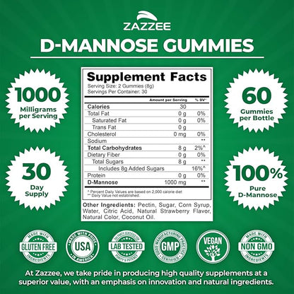 Zazzee D-Mannose Gummies, 1000 mg per Serving, 60 Vegan Gummies, Strawberry Flavor, Non-Sugar-Coated, Potent & Fast-Acting, All-Natural Urinary Tract Health Support, Made in the USA