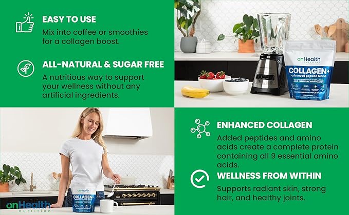onHealth Multi Collagen Peptide Powder Types I, II, III, V & X Complete Protein with All 9 Essential Amino Acids Biotin, Hyaluronic Acid & Vitamin C Unflavored, Easy‑Mix Collagen for Women & Men