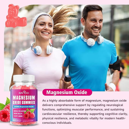 Magnesium Oxide 500mg Gummies for Vegan Sugar-Free Raspberry Flavor, Muscle Recovery, Nerve Health & Relaxation, 60 Gummies (Non-GMO, Gluten & Allergen Free)