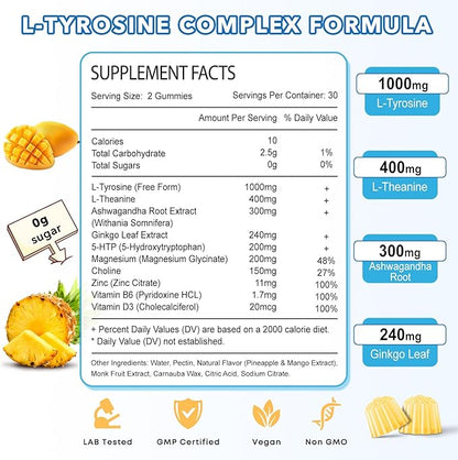 L Tyrosine Gummies, 2 Pack L-Tyrosine Supplement, Tyrosine Gummies with L-Theanine B6 D3, Tyrosine Supplement for Brain, Memory, Energy, Mood for Adult & Kids, Pineapple & Mango Flavor, 120 Ct