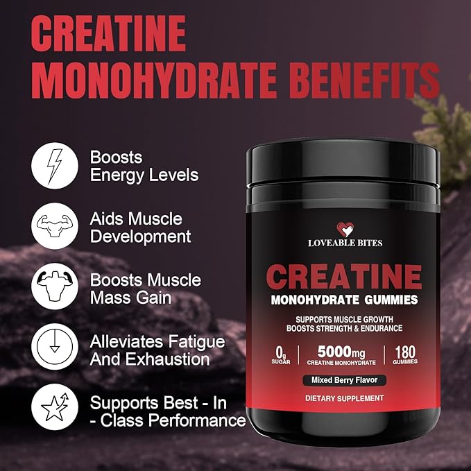 Loveable Bites Creatine Monohydrate Gummies – 5000mg Creatine Gummies for Men & Women | Supports Muscle Strength, Endurance, Energy & Recovery | Sugar-Free, Vegan, Mixed Berry Flavor, 180 Count