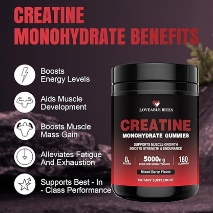 Loveable Bites Creatine Monohydrate Gummies – 5000mg Creatine Gummies for Men & Women | Supports Muscle Strength, Endurance, Energy & Recovery | Sugar-Free, Vegan, Mixed Berry Flavor, 180 Count