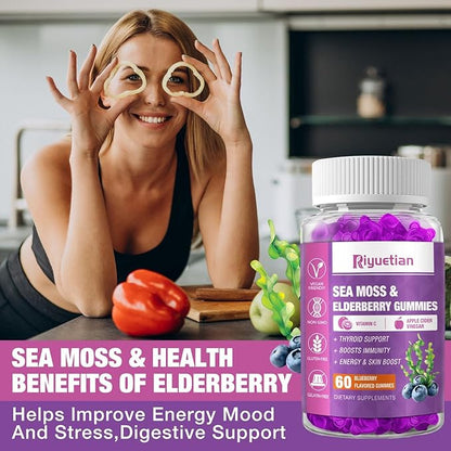 Sea Moss Gummies & Elderberry - Vitamin C + Zinc – Strength Immune & Thyroid Support Booster Gummy Bears for Kids & Adults - 60 Natural Seamoss Gummies