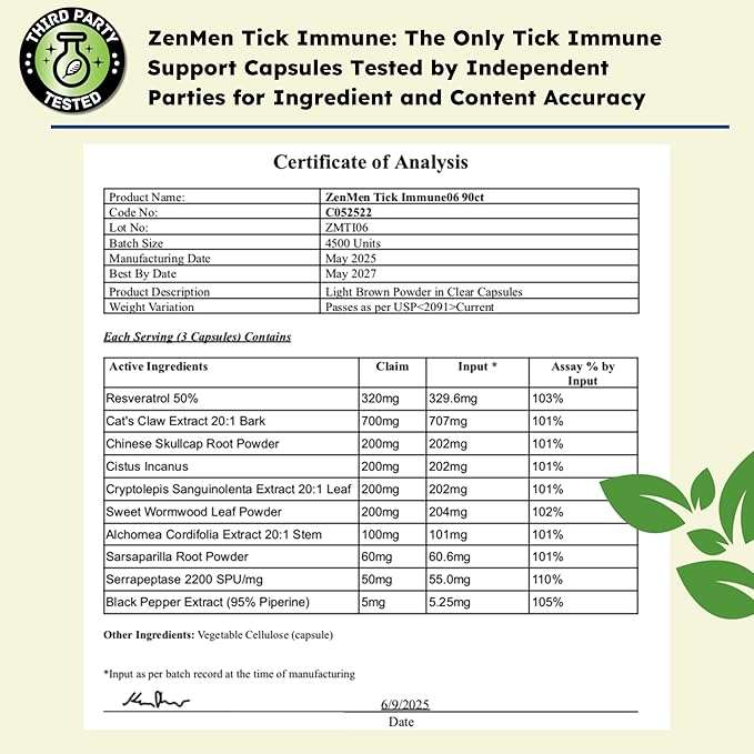 Zenmen Tick Immune Support 180 Vegan Capsules, 2 Bottles - Improved Formula - Japanese Knotweed, Cat's Claw, Chinese Skullcap, Cryptolepis Sanguinolenta, Sweet Wormwood - Made in The USA