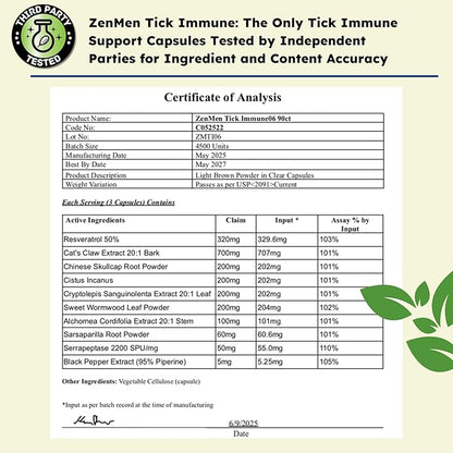Zenmen Tick Immune Support 180 Vegan Capsules, 2 Bottles - Improved Formula - Japanese Knotweed, Cat's Claw, Chinese Skullcap, Cryptolepis Sanguinolenta, Sweet Wormwood - Made in The USA