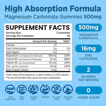 Magnesium Carbonate Gummies 500mg, Chewable Magnesium Supplement for Digestive Support, Muscle & Nerve Health, with Zinc, B6 & D3, Sugar Free, Vegan, Mixed Berry Flavor, 60 Counts