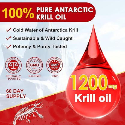NATURE TARGET Krill Oil 1200mg with Omega-3 EPA & DHA with Astaxanthin, Phospholipids & Choline - Supports Heart, Brain, Join Health, Non-GMO, Gluten Free, 120 Softgels (60 Servings)