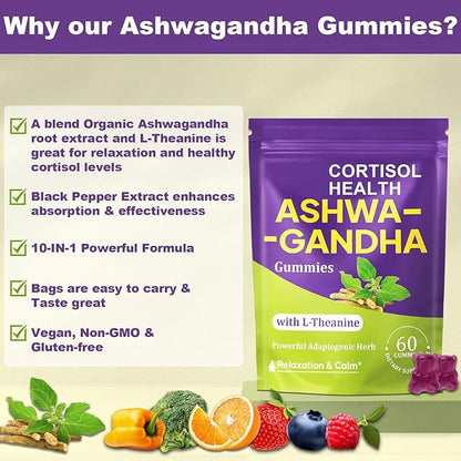 Ashwagandha Gummies - 10 IN 1 Organic Ashwaganda Gummies for Women & Men, with L Theanine, Vitamin B6, Black Pepper for Relaxation*, Cognitive, Immune, Zzz, Cortisol, Vegan, Berry Flavor - 60 Count