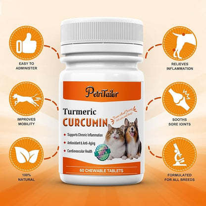 Turmeric Curcumin for Dogs – Hip & Joint Support, Heart & Immune Health Supplement, Immune System Booster, Joint Care for All Breeds & Ages, 60 Chewable Tablets