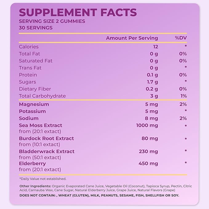 TrueSeaMoss Sea Moss Gummies with Elderberry, Burdock Root & Bladderwrack – for Adults & Kids 4+ – Fruity Flavor – 60 Gummies