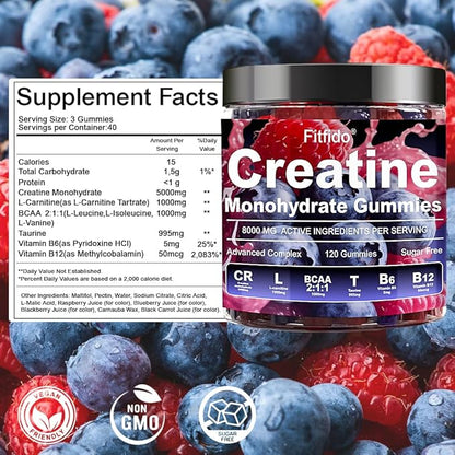 Creatine Monohydrate Gummies Complex 8000mg for Men and Women, Containing L-carnitine & Taurine, Build Muscle, Boost Energy, Faster Recovery, Sugar Free & Vegan, Raspberry & Blackberry, 120 Count