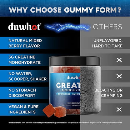 duwhot Creatine Monohydrate Gummies for Men, Creatine Monohydrate Chewables 5g Per Serving, Vegan, Sugar Free, Mixberry Flavor, 120 Count