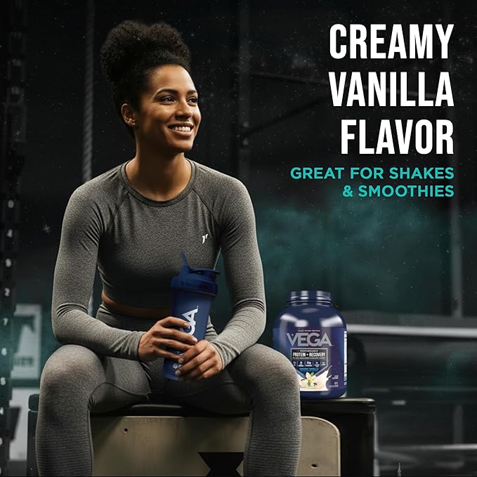 Vega Sport Vegan Protein Powder + Recovery - 30g Plant Based Protein per Serving, Vanilla, 45 Servings, 5g BCAAs, Probiotics, NSF Certified, for Shakes & Smoothies, 4.1lbs (Packaging May Vary)