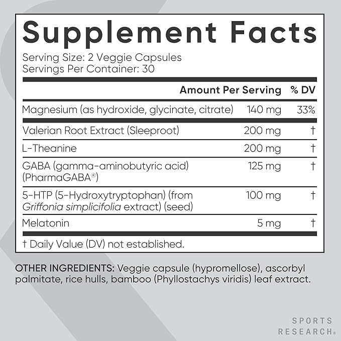 Sports Research® Sleep Complex with Melatonin 5mg, L-Theanine 200mg & Magnesium - Supports Restorative Sleep & Relaxation - Vegan Certified · Non-GMO · Gluten Free - 60 Veggie Capsules