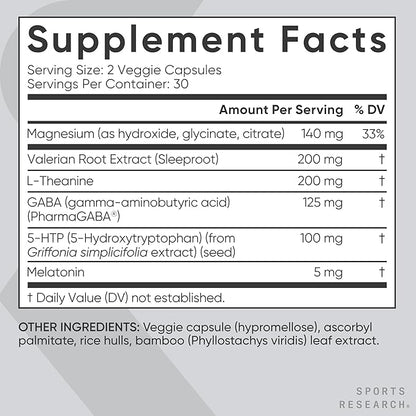 Sports Research® Sleep Complex with Melatonin 5mg, L-Theanine 200mg & Magnesium - Supports Restorative Sleep & Relaxation - Vegan Certified · Non-GMO · Gluten Free - 60 Veggie Capsules