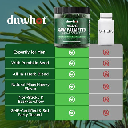duwhot Saw Palmetto Gummies for Men, Organic Saw Palmetto with Pumpkin Seed Oil for Men Overall Health, Enhanced with Pygeum, Nettle, Sugar-Free, Vegan, 60 Chewables