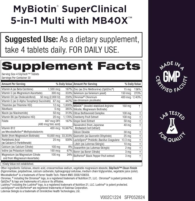 Purity Products MyBiotin SuperClinical New 5-in-1 Elite Multivitamin + MB40X Biotin Matrix Daily Multi - Thicker Hair Starting in 3 Weeks - 40X More Soluble vs Ordinary Hair Skin Nails - 120 Tabs