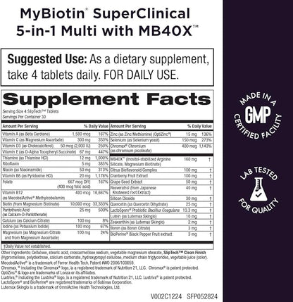 Purity Products MyBiotin SuperClinical New 5-in-1 Elite Multivitamin + MB40X Biotin Matrix Daily Multi - Thicker Hair Starting in 3 Weeks - 40X More Soluble vs Ordinary Hair Skin Nails - 120 Tabs