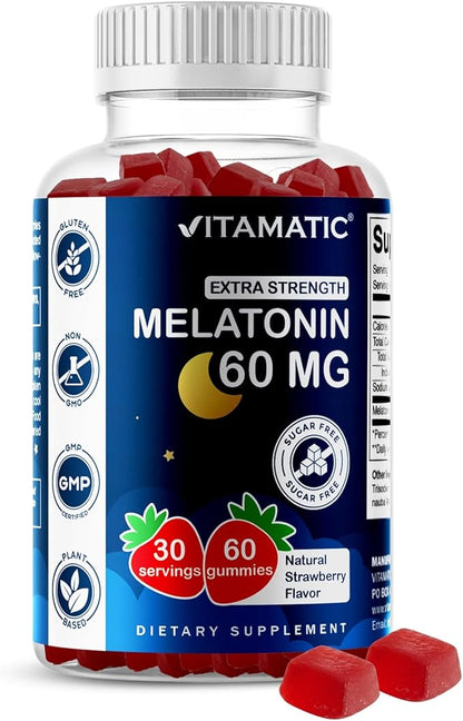 Vitamatic Sugar Free Melatonin 60 mg - 60 Vegetarian Gummies - Non-Habit Forming Supplement