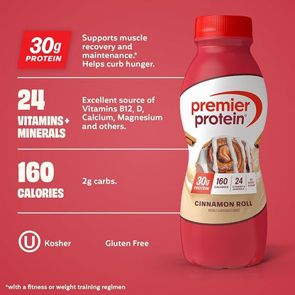 Premier Protein Shake, Cinnamon Roll, 30g Protein, No Added Sugar, 24 Vitamins & Minerals to Support Immune Health, 11.5 fl oz, 12 Pack