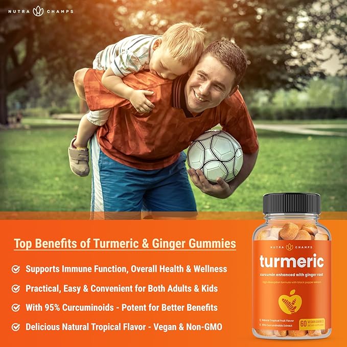 Turmeric Gummies for Adults & Kids with Ginger & Black Pepper Extract | 95% Curcuminoids | Vegan Natural Curcumin Joint Support | 120 Tumeric Gummy Supplements (2-Pack)