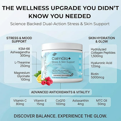 Daily Stress & Skin Support Drink Powder – Adaptogen Cortisol Reducer with Ashwagandha KSM-66, L-Theanine, Magnesium & Collagen Peptides – Mood, Focus & Hydration - Raspberry Lemonade, 30 Servings