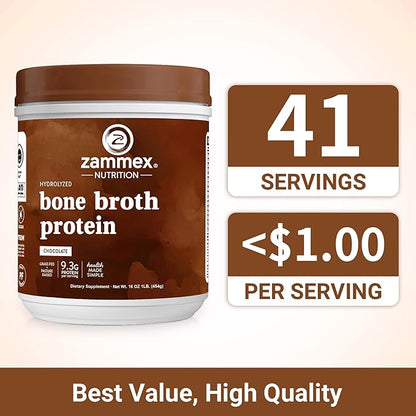 Zammex Bone Broth Protein Powder, Pure Grass Fed Beef, Chocolate Protein Powder,Hydrolyzed Collagen Supplement for Healthy Skin,Nails,Hair,Joints, Non-GMO,Gluten Free, Great in Shakes