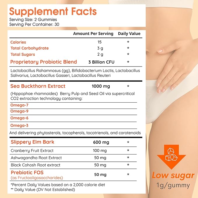 Muun Intimate Moisture Gummy with Slippery Elm Bark, Omega 6, 7, 9 & 3 Billion CFUs Probiotic, Prebiotic- Estrogen Free, Hormone Free for Feminine Care
