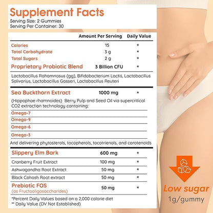 Muun Intimate Moisture Gummy with Slippery Elm Bark, Omega 6, 7, 9 & 3 Billion CFUs Probiotic, Prebiotic- Estrogen Free, Hormone Free for Feminine Care