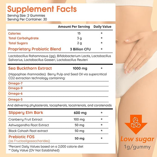 Muun Intimate Moisture Gummy with Slippery Elm Bark, Omega 6, 7, 9 & 3 Billion CFUs Probiotic, Prebiotic- Estrogen Free, Hormone Free for Feminine Care