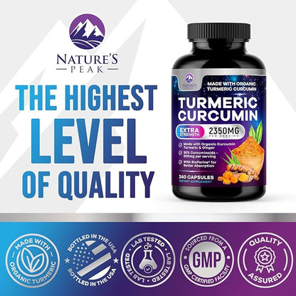 Turmeric Curcumin Supplement - 1750mg Organic Turmeric Per Serving - 95% Curcuminoids, Ginger & BioPerine Black Pepper for Best Absorption - Natural Vegan Joint Support, Bottled in USA - 240 Capsules