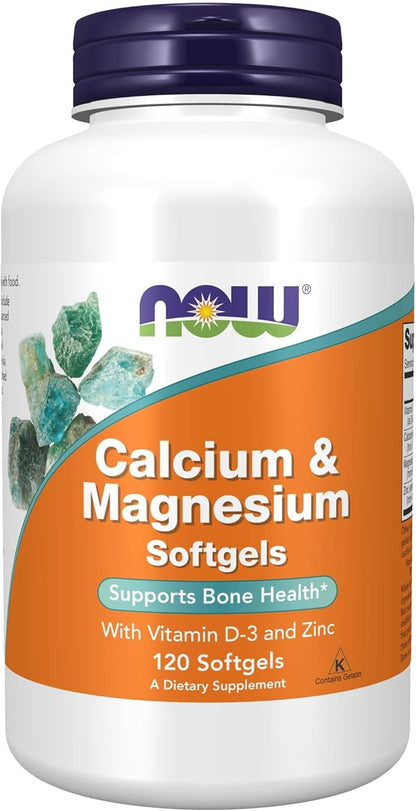 NOW Foods Supplements, Calcium & Magnesium with Vitamin D-3 and Zinc, Supports Bone Health*, 120 Softgels