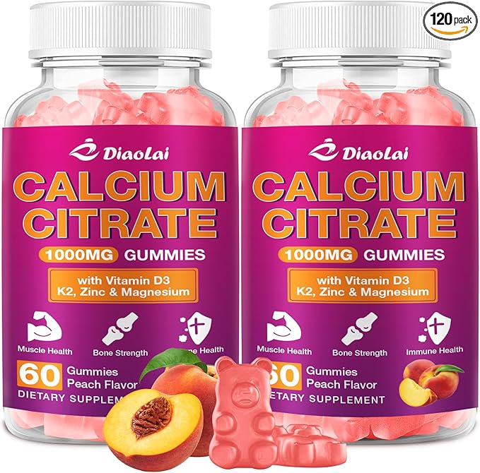 2 Pack Calcium Citrate Gummies - 1000mg per Serving - Supports Bone & Teeth Health with Vitamin D3 & K2 - Delicious Peach Flavor - Non-GMO, Gluten-Free - 120 Gummies