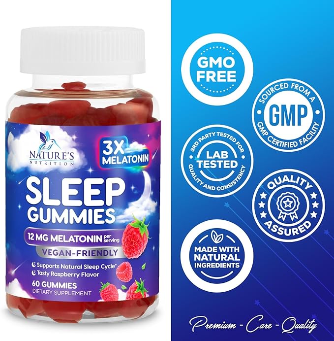 Melatonin Sleep Gummies - 12mg Per Serving - Extra Strength Sleep Support Melatonin Gummy for Adults - Vegan Sleeping Gummy Supplement to Support Restful Sleep - Tasty Berry Flavor - 60 Gummies