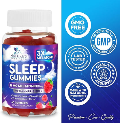 Melatonin Sleep Gummies - 12mg Per Serving - Extra Strength Sleep Support Melatonin Gummy for Adults - Vegan Sleeping Gummy Supplement to Support Restful Sleep - Tasty Berry Flavor - 60 Gummies