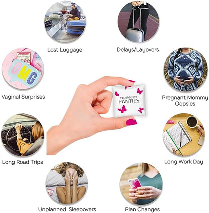 Emergency Panties 4in1 Kit Includes Seamless Bikini Underwear, Fresh Wipe & Liner Accidents Travel On-The-Go Hygiene Toiletry Kit Black Bikini