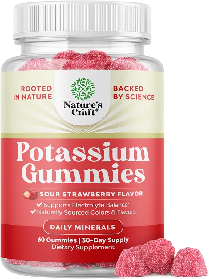 High Potency Potassium Gummies for Adults - Powerful Potassium Supplement Gummies for Optimal Health - Delicious Strawberry-Flavored - Vegan - 60 Count