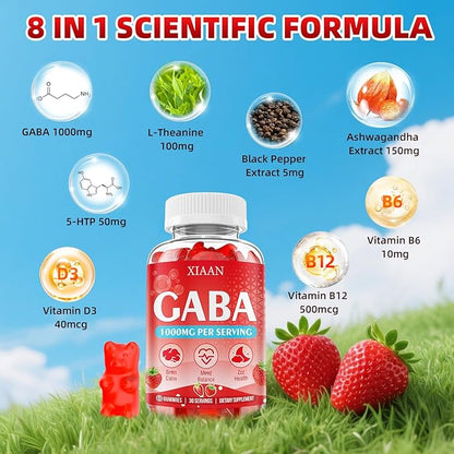 GABA Gummies 1000mg for Kids & Adults, Chewable GABA Supplements with L Theanine 5-HTP Ashwagandha Vitamins B6,B12,D3 for Calm & Zzz, Sugar-Free/Vegan, Strawberry Flavor 60 Count