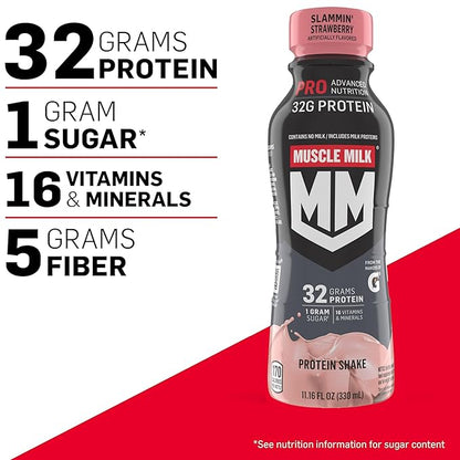 Muscle Milk Pro Advanced Nutrition Protein Shake, Slammin' Strawberry, 11.16 Fl Oz, 32g Protein, 1g Sugar, 16 Vitamins & Minerals, 5g Fiber, Bottled Liquid, Gluten Free, (Pack of 24)