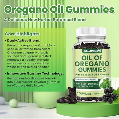 Oil of Oregano Gummies with Black Seed Oil + Vitamin D3, Oregano Oil High Carvacrol, Immune & Digestive Support, Antioxidant Support, 120 Gummies